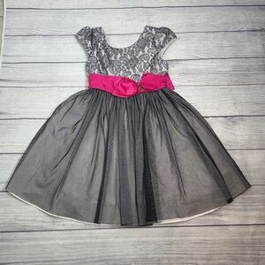 Joan Michelle Girls Party Dress Size 7 Gray Lace Tulle Pink Sash